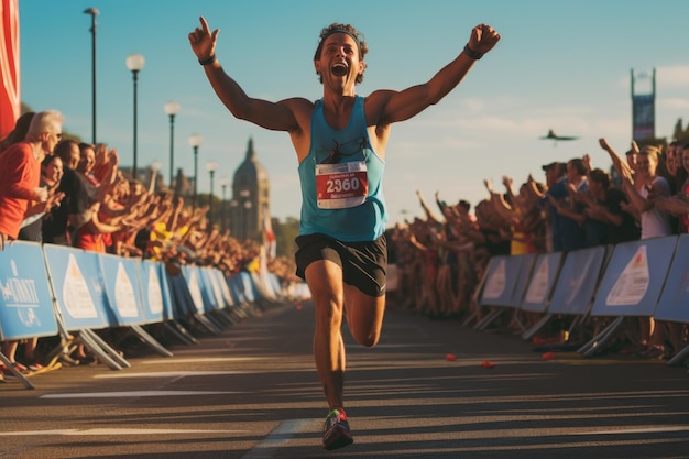 Een man in een marathonoverwinning poseert terwijl hij met zijn armen hoog omhoog rent ter ere van het overschrijden van de finishlijn Een atleet die met vreugde de finishlijn passeert AI gegenereerd