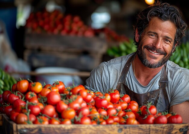 een man in een markt met veel tomaten