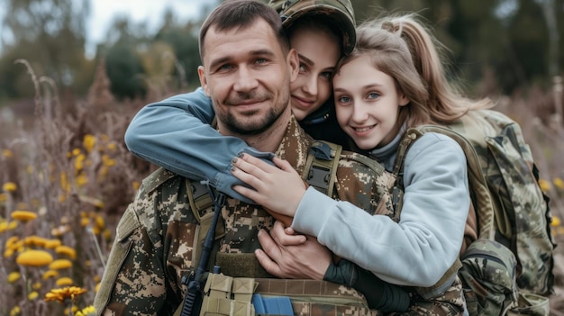 Een man in een militair uniform knuffelt twee kinderen
