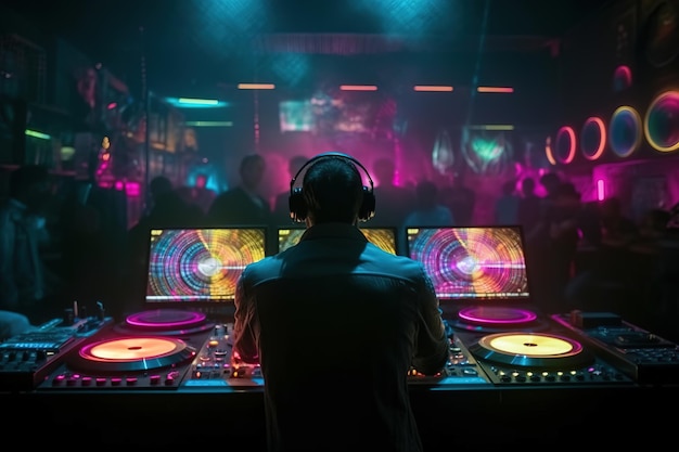 Een man in een nachtclub met een dj-koptelefoon op.