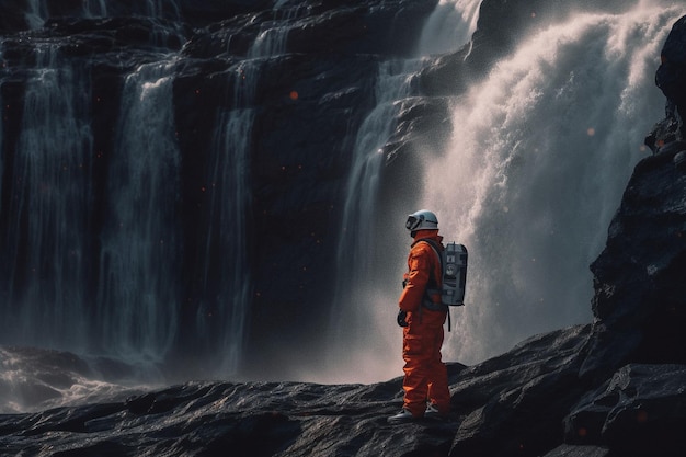 Een man in een oranje astronautenpak staat op een rots voor een waterval.
