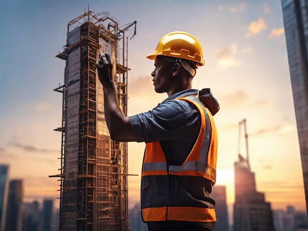 een man in een oranje harde hoed neemt een foto van een bouwvakker