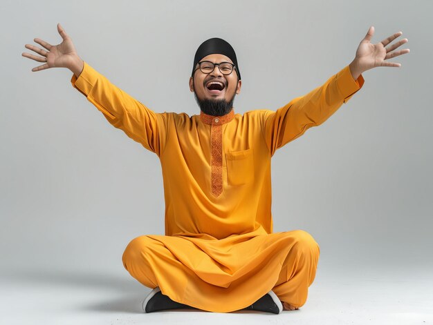 Een man in een oranje islamitische outfit zit met zijn armen uitgestrekt.