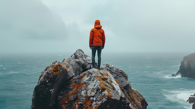 Een man in een oranje jas die op de top van een rots staat en de oceaan bekijkt