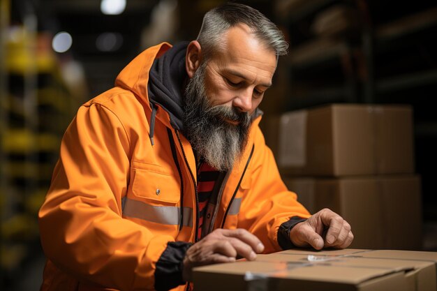 Een man in een oranje jas kijkt naar een doos.