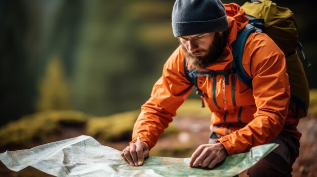 Foto een man in een oranje jas kijkt naar een kaart.