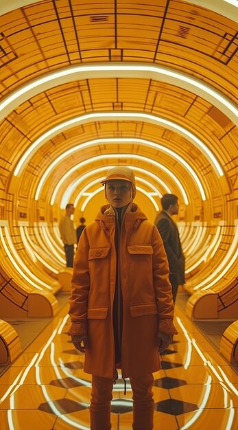 Foto een man in een oranje jas staat in een tunnel met lichten aan het plafond.