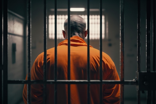 Een man in een oranje overhemd staat achter een gevangeniscel.