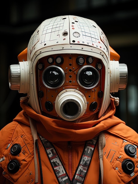 een man in een oranje pak met een gasmasker erop