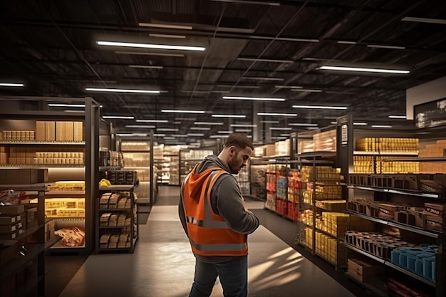 Een man in een oranje vest staat in een winkel.