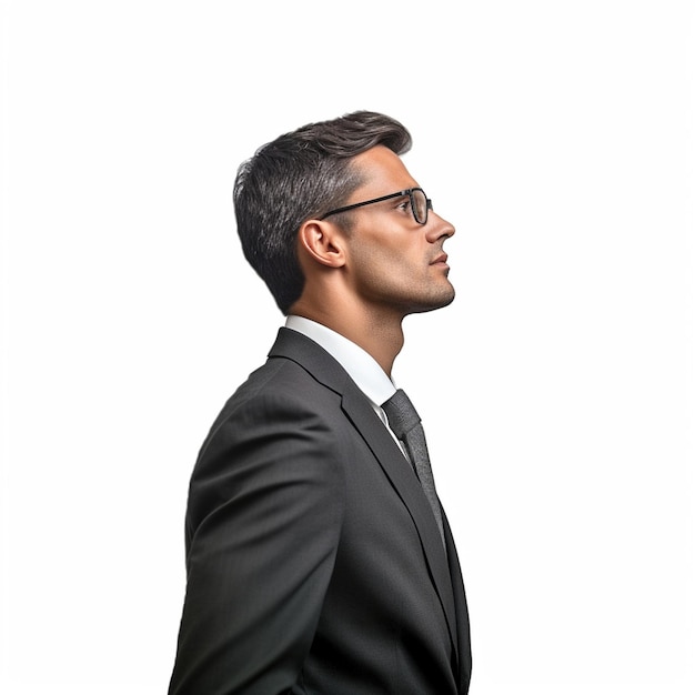 een man in een pak en een bril staat voor een witte achtergrond.