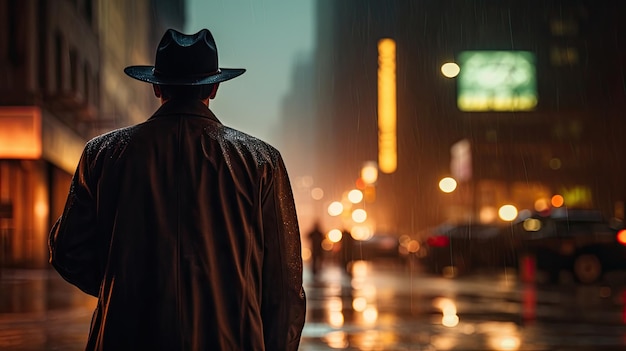 Foto een man in een pak en een cowboyhoed die door een lege stadsstraat loopt