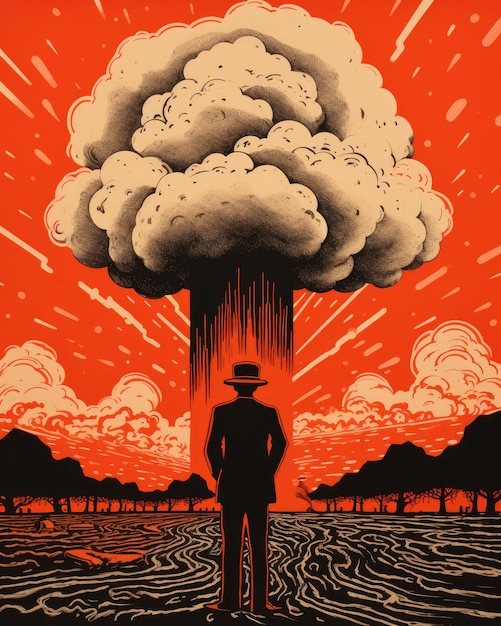 Een man in een pak en hoed die een paddenstoelwolk observeert na de explosie van een kernwapen