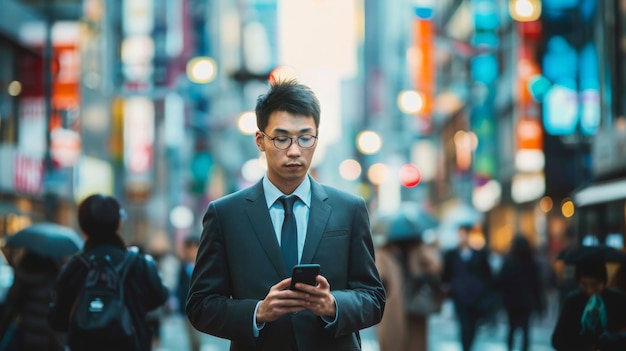 Een man in een pak en stropdas controleert zijn mobiele telefoon op de straat van de stad