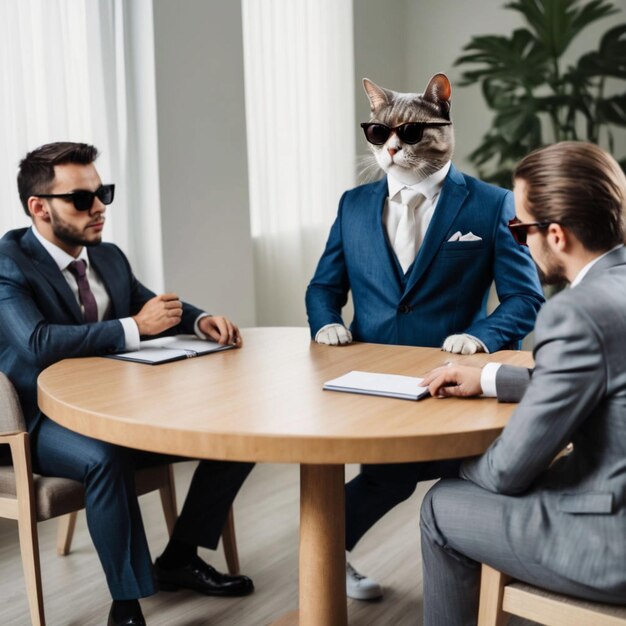 Foto een man in een pak en stropdas zit aan een tafel met een kat erop