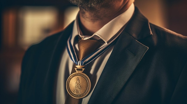 Foto een man in een pak houdt een medaille vast met de tekst 'het jaar van de slang' generatieve ai