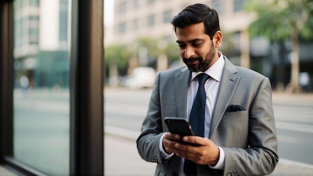 Foto een man in een pak kijkt naar een telefoon.