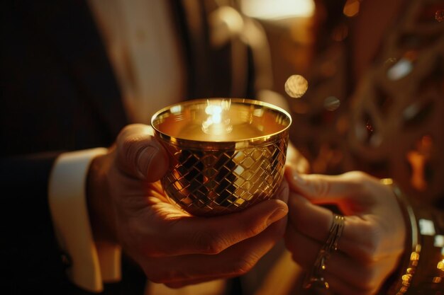 Foto een man in een pak met een gouden beker geschikt voor prijzen en prestaties concept