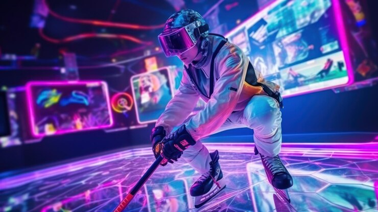 Een man in een pak met een hockeystick voor een neonachtergrond.