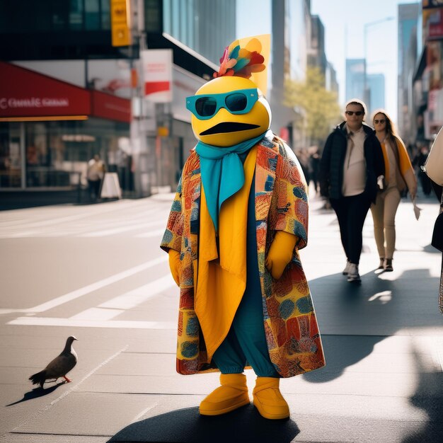 Foto een man in een pak met een tas en een hoed op de achtergrond van de citya man in een pakken met een tas een