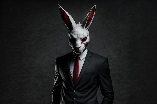 Een man in een pak met een wit konijnenmasker op zijn hoofd.