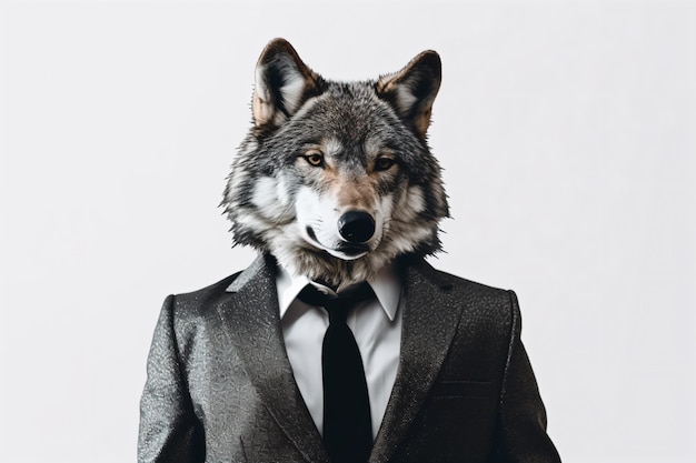 een man in een pak met een wolvengezicht