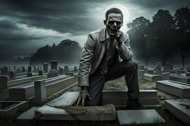 Een man in een pak met een zombiegezicht staat op een kerkhof.