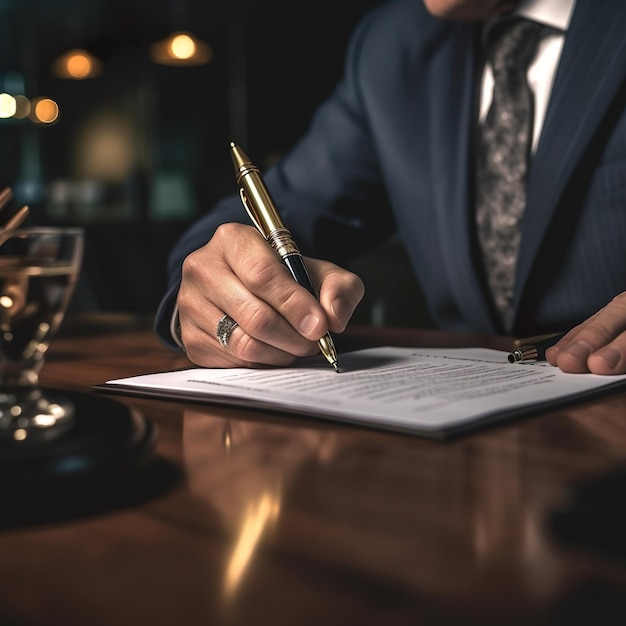 Een man in een pak schrijft met een pen op een stuk papier.