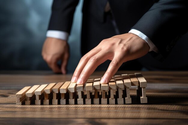 een man in een pak speelt met houten blokken