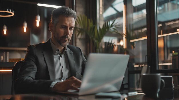 Een man in een pak zit aan een bureau in een kantoor hij kijkt naar zijn laptop en heeft een bedachtzame uitdrukking op zijn gezicht