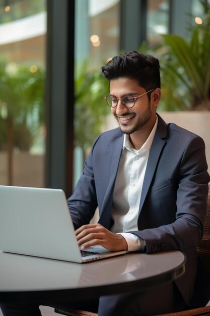 een man in een pak zit aan een bureau met een laptop