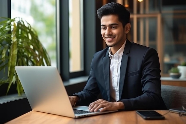 een man in een pak zit aan een tafel met een laptop en een raam achter hem