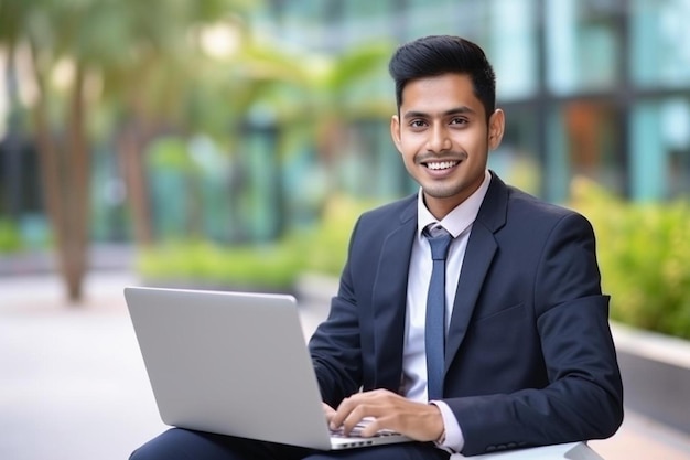 een man in een pak zit voor een laptop met een palmboom op de achtergrond