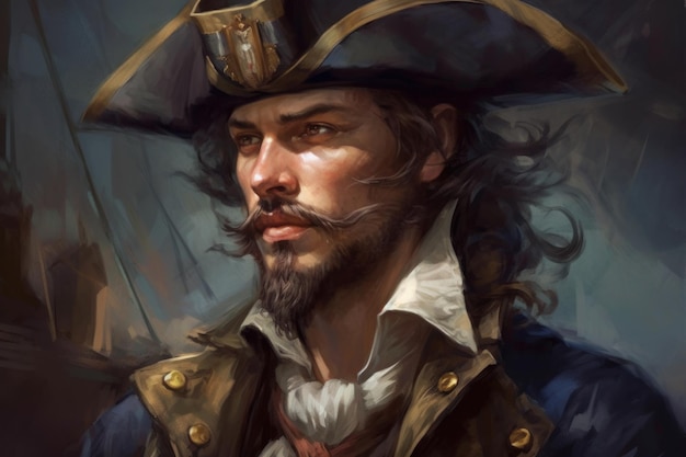Een man in een piratenkostuum met een hoed en een baard.