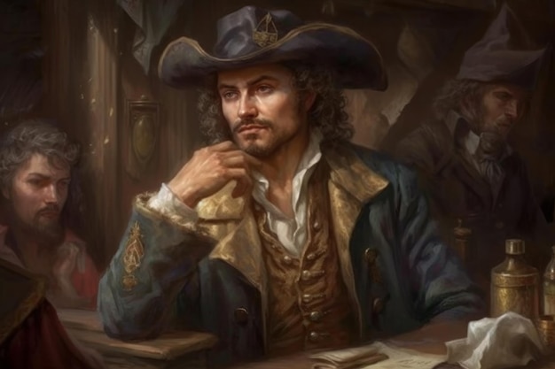 Een man in een piratenkostuum zit aan een tafel met een notitieblok erop.