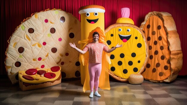 Foto een man in een pizzakostuum staat voor een pizzavitrine.