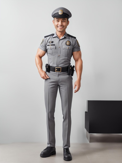 een man in een politieuniform die voor een witte muur staat