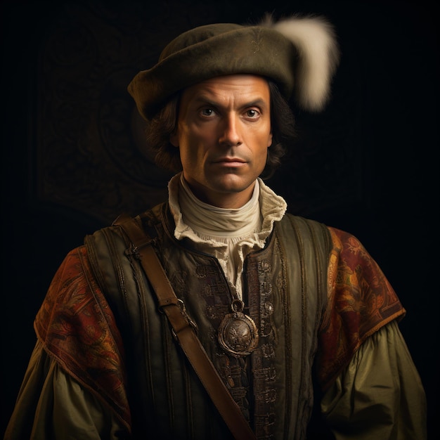 een man in een renaissancekostuum met een veer op zijn hoofd