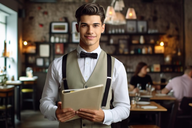 Een man in een restaurant met een map