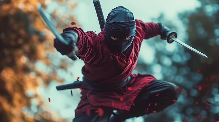 Foto een man in een rode en zwarte outfit met een zwaard in zijn hand en het woord quote erop quote