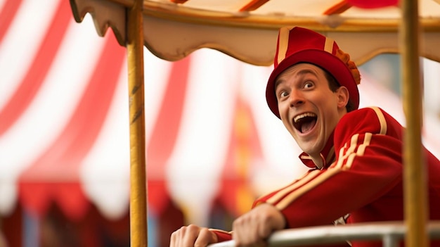 Foto een man in een rode jas en hoed die op een carrousel rijdt