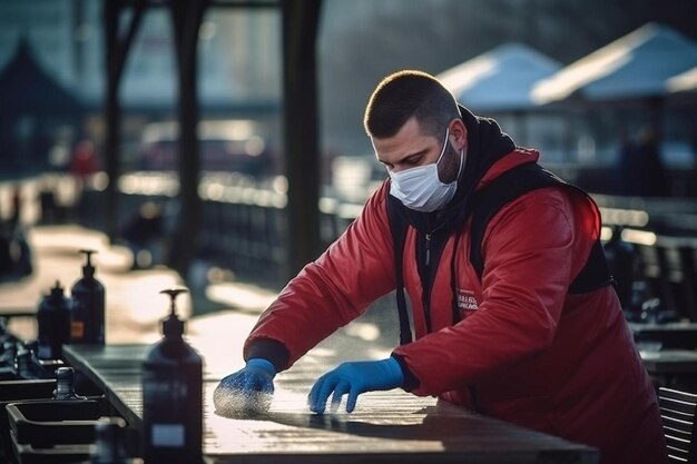 een man in een rode jas met een masker op zijn gezicht werkt aan een fles olie
