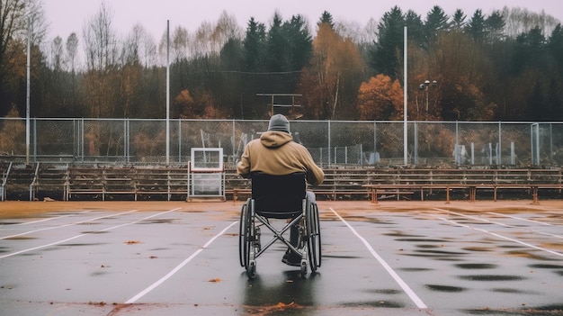 Foto een man in een rolstoel bij een door ai gegenereerd sportstadion