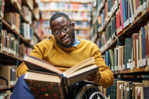 Foto een man in een rolstoel die een boek leest in een bibliotheek
