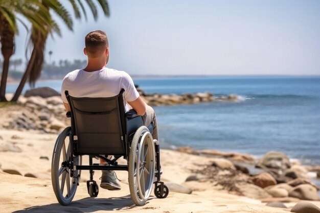 Een man in een rolstoel die over het uitzicht op de oceaan nadenkt