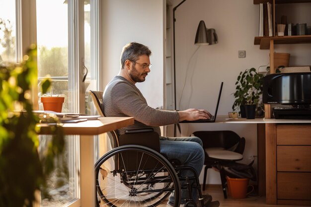 Een man in een rolstoel in een kantoor thuis
