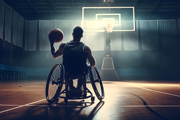 Een man in een rolstoel is aan het basketballen.