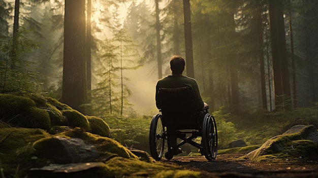 Een man in een rolstoel loopt in de natuur AIGeneratieve AI