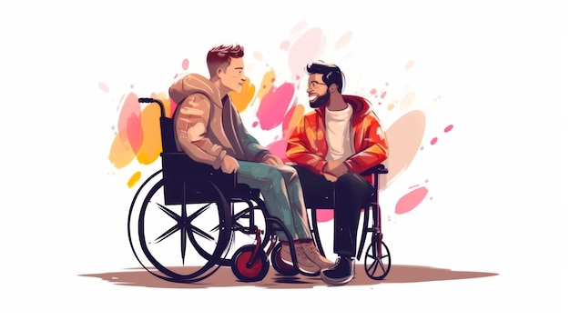 Een man in een rolstoel praat met een andere man.