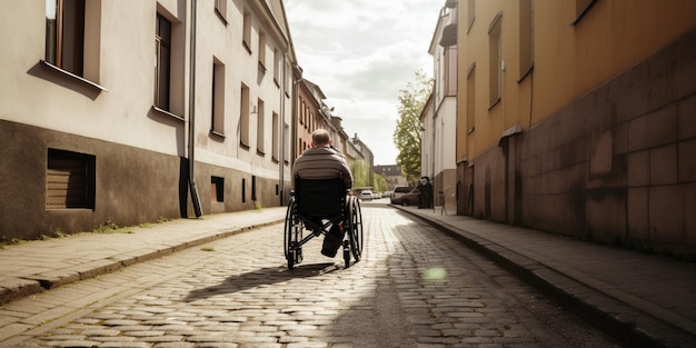 Een man in een rolstoel rijdt door een geplaveide straat.